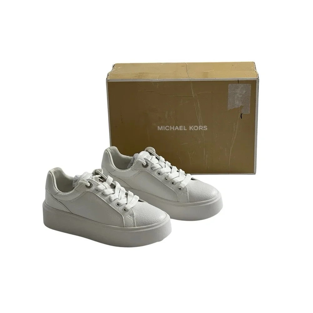 Michael Kors Womens White Faux Leather Lace Up Platform Sneakers Shoes‎ Sz 5.5M